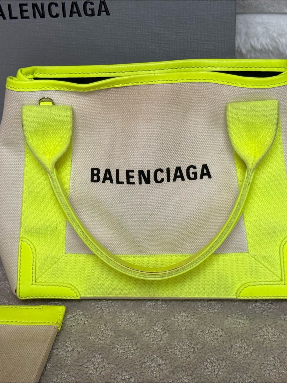 Balenciaga Canvas Tote with Neon Yellow Trim and Matching Pouch - Picture 7 of 7